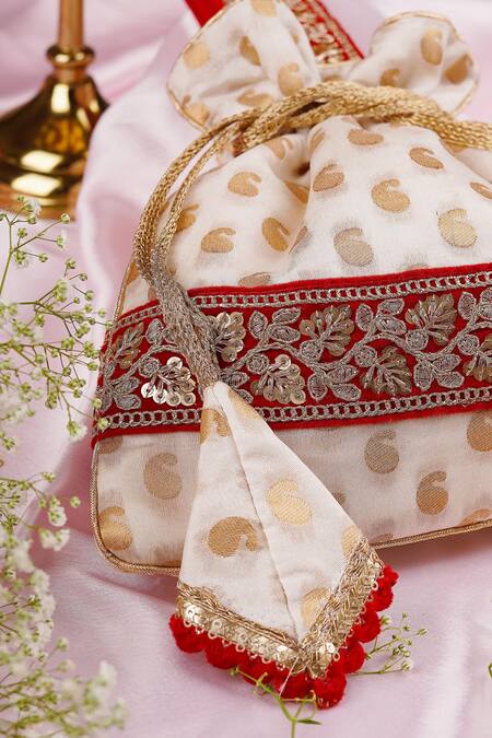 Swabhimann_White Embroidery, Sequins Silk Woven Kairi Potli_Online_at_Aza_Fashions