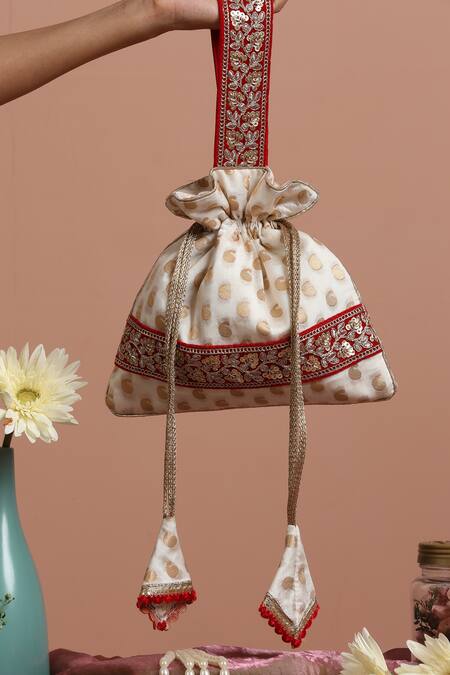 Buy_Swabhimann_White Embroidery, Sequins Silk Woven Kairi Potli_Online_at_Aza_Fashions
