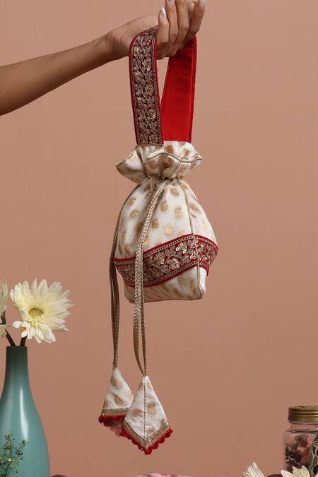 Shop_Swabhimann_White Embroidery, Sequins Silk Woven Kairi Potli_Online_at_Aza_Fashions