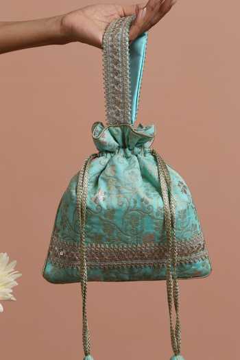 Swabhimann_Green Embroidery, Zari Silk Woven Floral Vine Potli _Online_at_Aza_Fashions