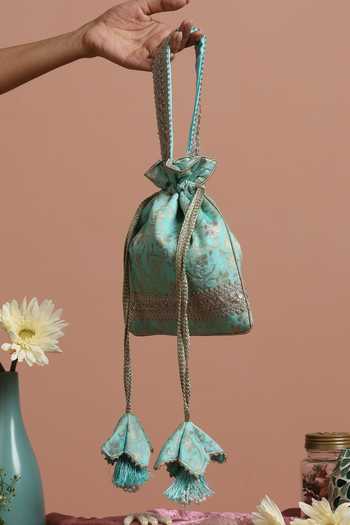 Buy_Swabhimann_Green Embroidery, Zari Silk Woven Floral Vine Potli _Online_at_Aza_Fashions