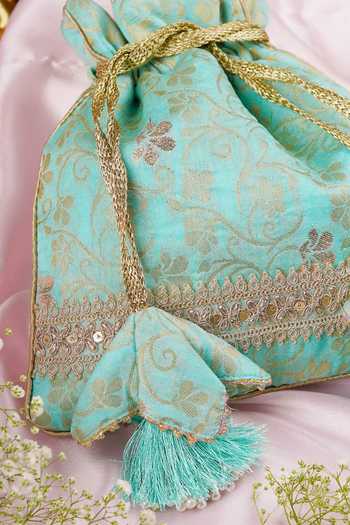 Shop_Swabhimann_Green Embroidery, Zari Silk Woven Floral Vine Potli _Online_at_Aza_Fashions