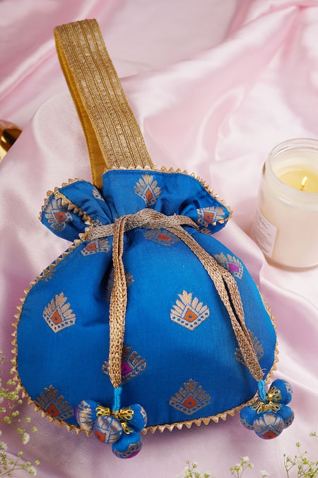 Shop_Swabhimann_Blue Embroidery, Zari Brocade Woven Blossom Potli _at_Aza_Fashions