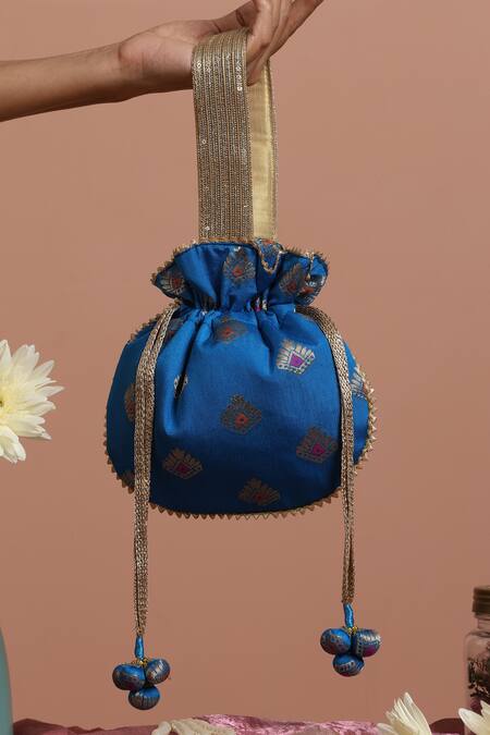 Swabhimann Blue Embroidery, Zari Brocade Woven Blossom Potli Online at Aza Fashions Swabhimann_Blue Embroidery, Zari Brocade Woven Blossom Potli _Online_at_Aza_Fashions