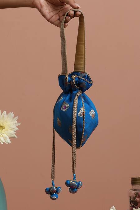 Buy Swabhimann Blue Embroidery, Zari Brocade Woven Blossom Potli Online at Aza Fashions Buy_Swabhimann_Blue Embroidery, Zari Brocade Woven Blossom Potli _Online_at_Aza_Fashions