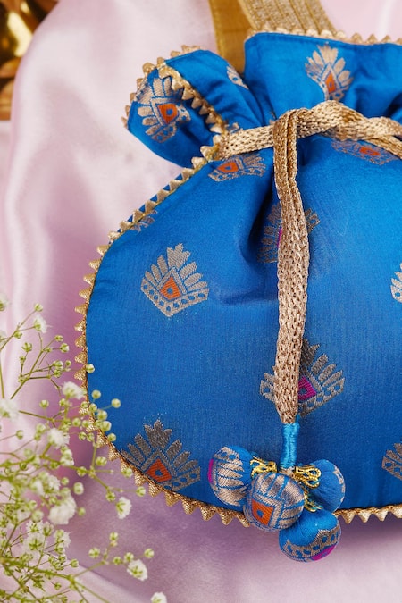 Shop_Swabhimann_Blue Embroidery, Zari Brocade Woven Blossom Potli _Online_at_Aza_Fashions