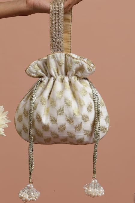 Swabhimann_Gold Embroidery, Beads Chanderi Foliage Woven Potli _Online_at_Aza_Fashions