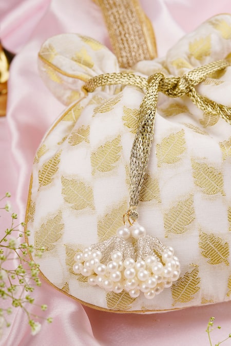 Buy_Swabhimann_Gold Embroidery, Beads Chanderi Foliage Woven Potli _Online_at_Aza_Fashions