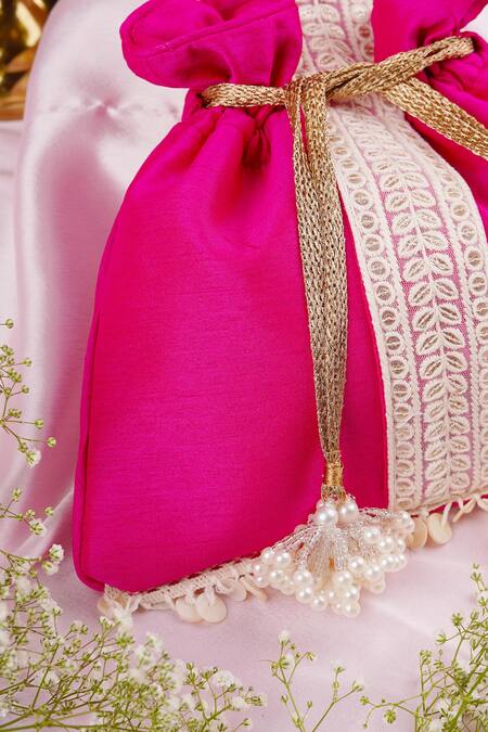 Swabhimann_Magenta Beads, Embroidery Silk Vine Handle Potli _Online_at_Aza_Fashions