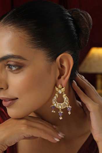 Swabhimann_Purple Pearls, Stones, Beads, Piping Polki Studded Tasselled Chandbalis _Online_at_Aza_Fashions