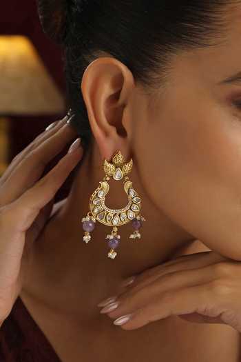 Buy_Swabhimann_Purple Pearls, Stones, Beads, Piping Polki Studded Tasselled Chandbalis _Online_at_Aza_Fashions