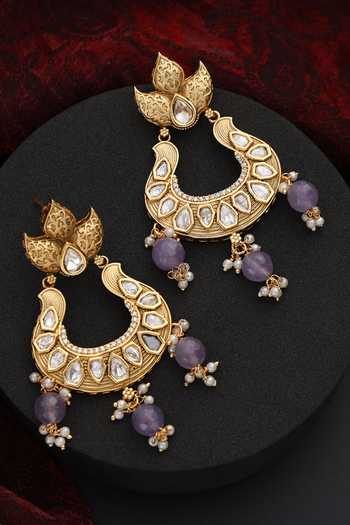 Shop_Swabhimann_Purple Pearls, Stones, Beads, Piping Polki Studded Tasselled Chandbalis _Online_at_Aza_Fashions