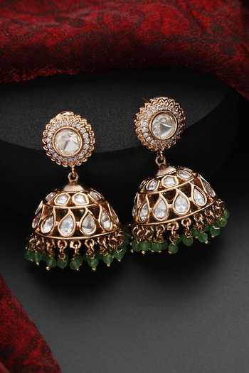 Shop Swabhimann Green Stones, Beads Polki Studded Jhumkas at Aza Fashions Shop_Swabhimann_Green Stones, Beads Polki Studded Jhumkas _at_Aza_Fashions