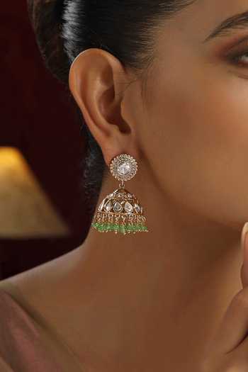 Swabhimann Green Stones, Beads Polki Studded Jhumkas Online at Aza Fashions Swabhimann_Green Stones, Beads Polki Studded Jhumkas _Online_at_Aza_Fashions