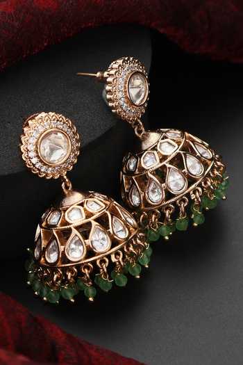 Buy Swabhimann Green Stones, Beads Polki Studded Jhumkas Online at Aza Fashions Buy_Swabhimann_Green Stones, Beads Polki Studded Jhumkas _Online_at_Aza_Fashions