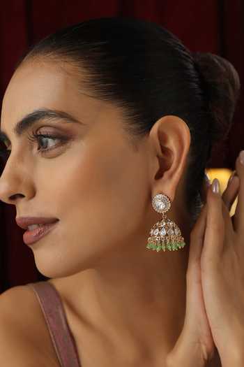 Shop Swabhimann Green Stones, Beads Polki Studded Jhumkas Online at Aza Fashions Shop_Swabhimann_Green Stones, Beads Polki Studded Jhumkas _Online_at_Aza_Fashions