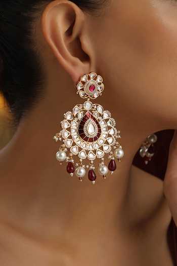 Swabhimann_Red Pearls, Stones, Beads Polki Studded Floral Chandbali Earrings _Online_at_Aza_Fashions
