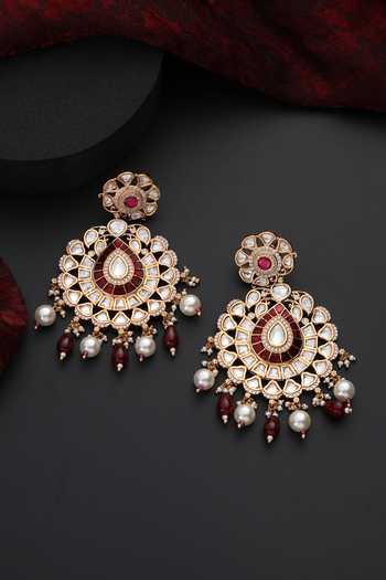 Buy_Swabhimann_Red Pearls, Stones, Beads Polki Studded Floral Chandbali Earrings _Online_at_Aza_Fashions