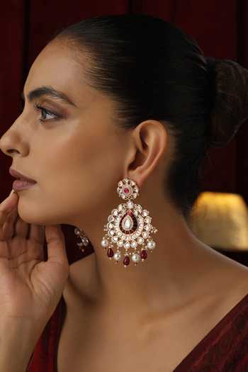 Shop_Swabhimann_Red Pearls, Stones, Beads Polki Studded Floral Chandbali Earrings _Online_at_Aza_Fashions