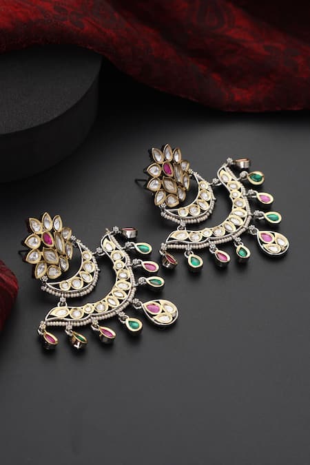 Shop_Swabhimann_Multi Color Stones, Diamonds Floral Polki Studded Layered Chandbalis _at_Aza_Fashions