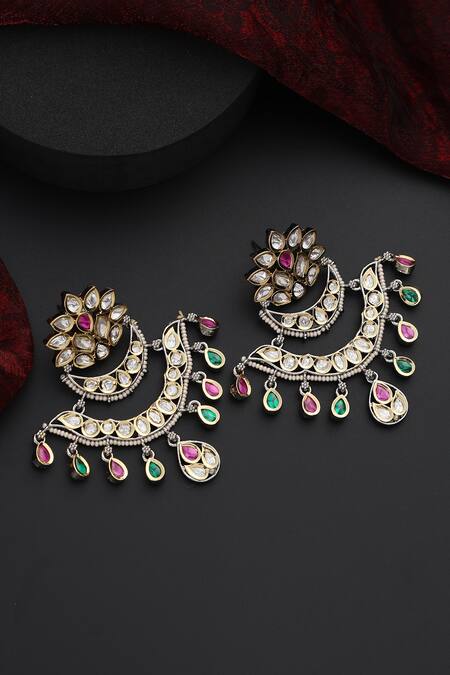 Buy_Swabhimann_Multi Color Stones, Diamonds Floral Polki Studded Layered Chandbalis _Online_at_Aza_Fashions
