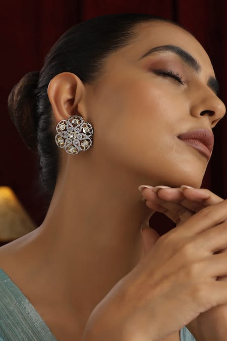 SWABHIMANN Floral Polki Studded Stud Earrings 