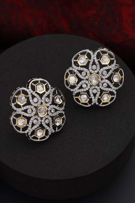 Shop Swabhimann Silver Plated Stones, Diamonds Floral Polki Studded Earrings at Aza Fashions Shop_Swabhimann_Silver Plated Stones, Diamonds Floral Polki Studded Earrings _at_Aza_Fashions