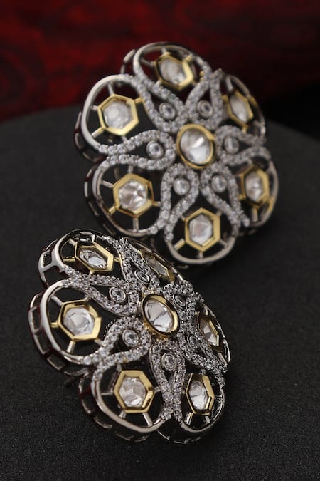 Buy Swabhimann Silver Plated Stones, Diamonds Floral Polki Studded Earrings Online at Aza Fashions Buy_Swabhimann_Silver Plated Stones, Diamonds Floral Polki Studded Earrings _Online_at_Aza_Fashions