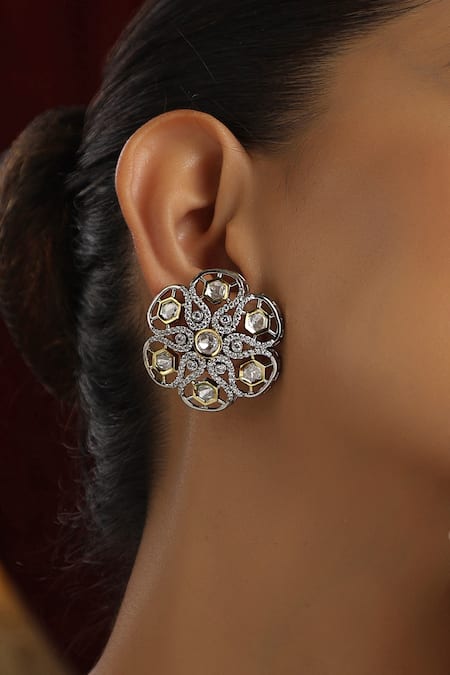 Shop Swabhimann Silver Plated Stones, Diamonds Floral Polki Studded Earrings Online at Aza Fashions Shop_Swabhimann_Silver Plated Stones, Diamonds Floral Polki Studded Earrings _Online_at_Aza_Fashions
