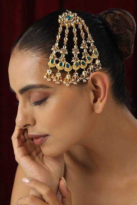 Swabhimann_Green Kundan Studded Floral Passa _Online_at_Aza_Fashions