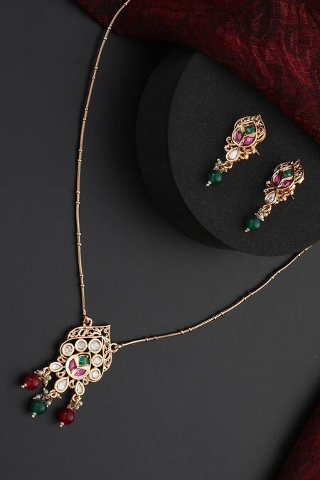 Swabhimann_Multi Color Stones, Beads Studded Pendant Chain Necklace Set_Online_at_Aza_Fashions