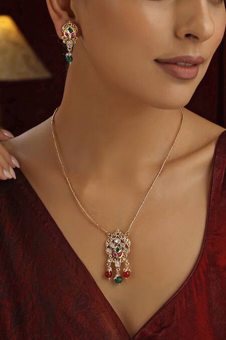 Buy_Swabhimann_Multi Color Stones, Beads Studded Pendant Chain Necklace Set_Online_at_Aza_Fashions