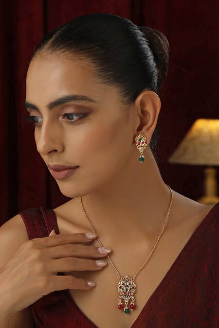 Shop_Swabhimann_Multi Color Stones, Beads Studded Pendant Chain Necklace Set_Online_at_Aza_Fashions