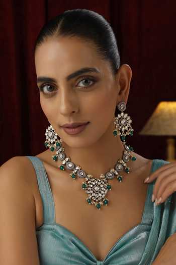 Swabhimann_Green Stones, Beads, Zari Floral Polki Studded Necklace Set _Online_at_Aza_Fashions