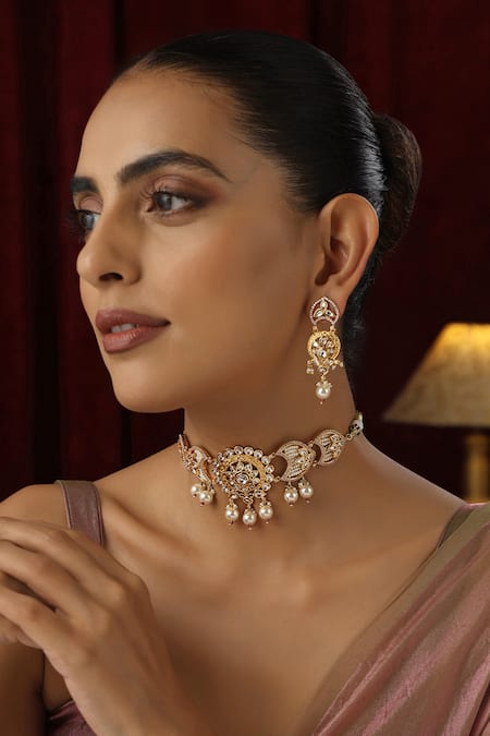 Swabhimann_Gold Plated Stones, Beads, Zari Polki Studded Floral Crecent Choker Set _Online_at_Aza_Fashions