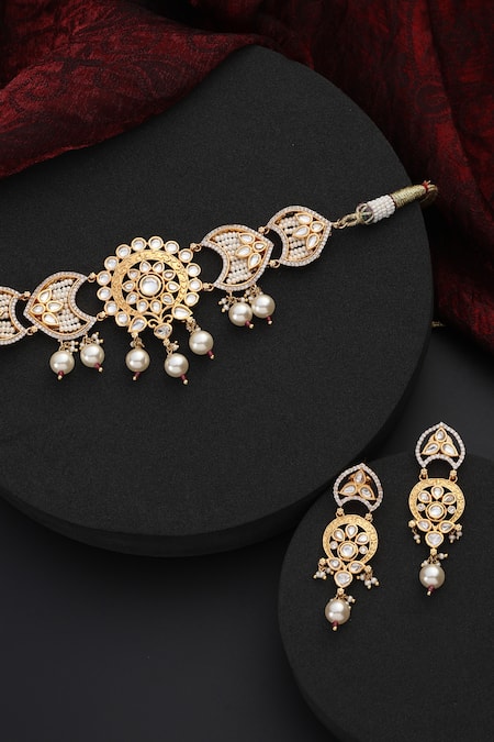 Buy_Swabhimann_Gold Plated Stones, Beads, Zari Polki Studded Floral Crecent Choker Set _Online_at_Aza_Fashions