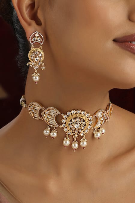 Shop_Swabhimann_Gold Plated Stones, Beads, Zari Polki Studded Floral Crecent Choker Set _Online_at_Aza_Fashions