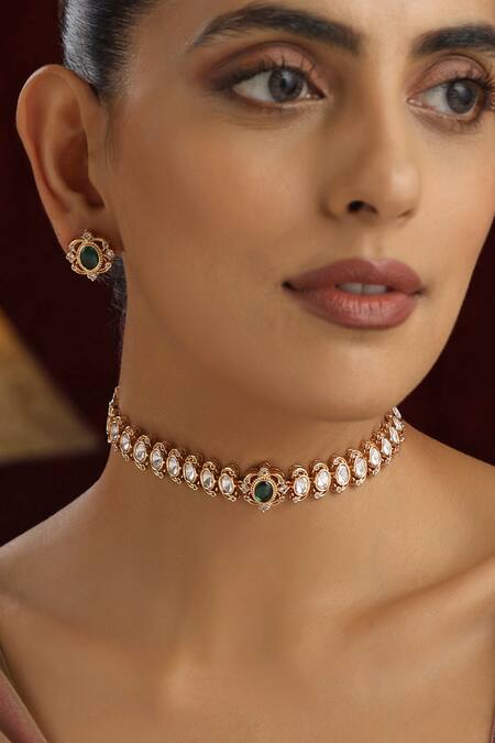 Buy_Swabhimann_Green Stones, Diamonds Clear Polki Studded Oval Choker Set _Online_at_Aza_Fashions