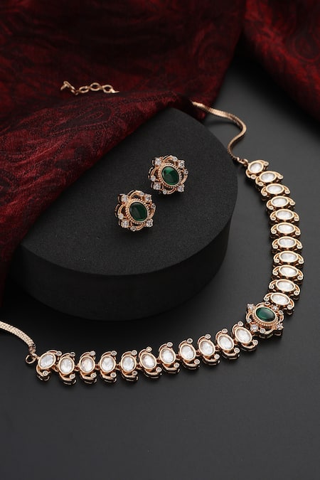 Shop_Swabhimann_Green Stones, Diamonds Clear Polki Studded Oval Choker Set _Online_at_Aza_Fashions