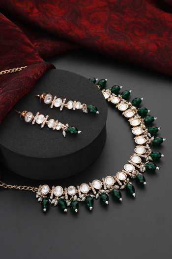 Swabhimann_Green Stones, Beads Polki Studded Tassel Choker Set _Online_at_Aza_Fashions