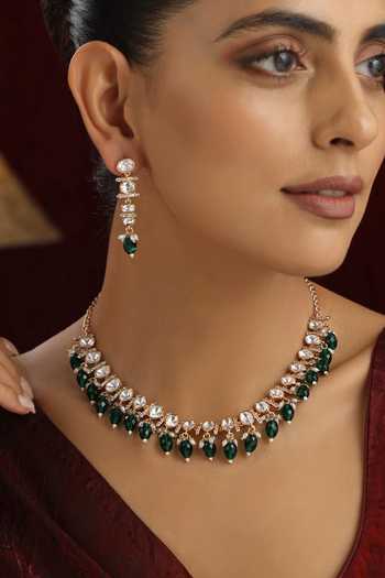 Buy_Swabhimann_Green Stones, Beads Polki Studded Tassel Choker Set _Online_at_Aza_Fashions
