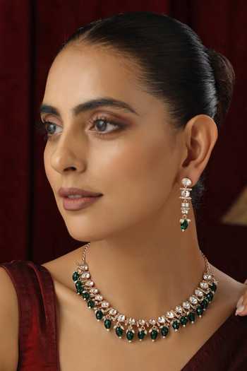 Shop_Swabhimann_Green Stones, Beads Polki Studded Tassel Choker Set _Online_at_Aza_Fashions