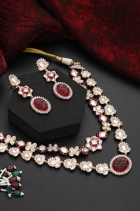 Swabhimann Red Stones, Beads Floral Polki Studded Layered Necklace Set Online at Aza Fashions Swabhimann_Red Stones, Beads Floral Polki Studded Layered Necklace Set _Online_at_Aza_Fashions