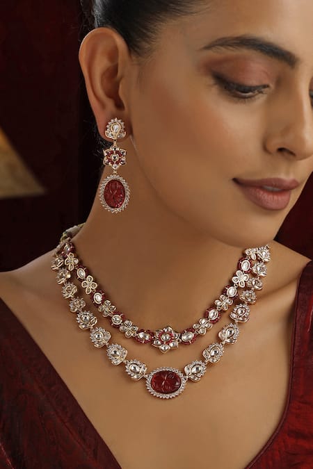 Buy Swabhimann Red Stones, Beads Floral Polki Studded Layered Necklace Set Online at Aza Fashions Buy_Swabhimann_Red Stones, Beads Floral Polki Studded Layered Necklace Set _Online_at_Aza_Fashions