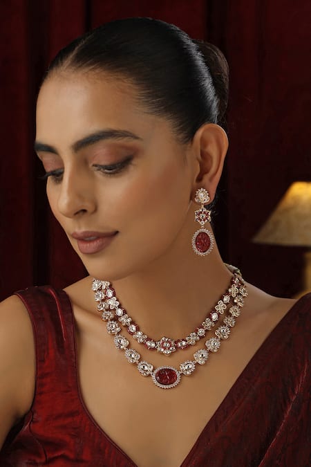 Shop Swabhimann Red Stones, Beads Floral Polki Studded Layered Necklace Set Online at Aza Fashions Shop_Swabhimann_Red Stones, Beads Floral Polki Studded Layered Necklace Set _Online_at_Aza_Fashions