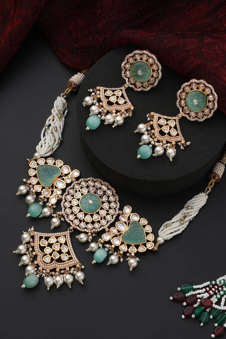 Swabhimann_Green Pearls, Stones, Beads Floral Polki Studded Choker Set _Online_at_Aza_Fashions