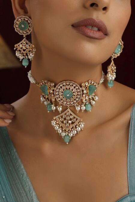 Buy_Swabhimann_Green Pearls, Stones, Beads Floral Polki Studded Choker Set _Online_at_Aza_Fashions
