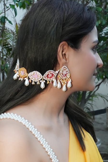 Vaidaan_Multi Color Pearls, Beads, Embroidery Induleka Embellished Ear Chain _Online_at_Aza_Fashions