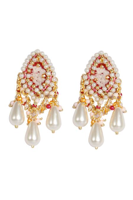 Shop_Vaidaan_Multi Color Pearls, Beads, Embroidery Induleka Tear Drop Shaped Earrings _at_Aza_Fashions