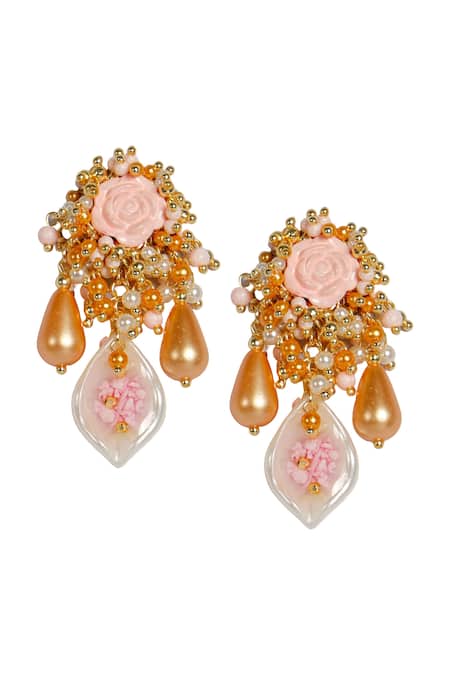 Shop Vaidaan Multi Color Pearls, Beads Nivasini Floral Embellished Danglers at Aza Fashions Shop_Vaidaan_Multi Color Pearls, Beads Nivasini Floral Embellished Danglers _at_Aza_Fashions